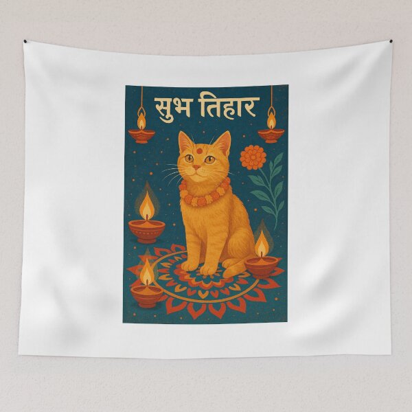Item preview, Tihar Festival Cat Diwali with Marigold Garland and Oil Lamp designed and sold by Places On Earth.