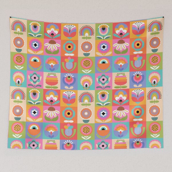 Item preview, Spring and midsummer time colorful pastels rainbow cheerful blooms retro flowers in checks designed and sold by artgeige.
