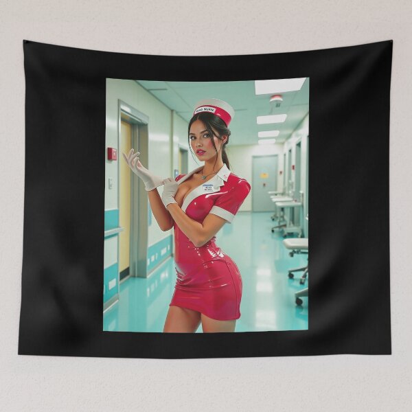 Item preview, Naughty Nurse in Red Latex - Sexy Brunette with Latex Gloves - Nurse Pinup Art designed and sold by Nico Simon Princely.