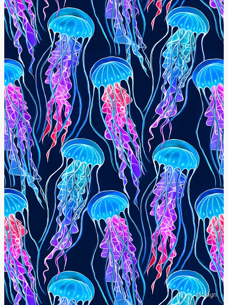 Thumbnail 2 of 2, Art Board Print, Luminescent Rainbow Jellyfish on Navy Blue designed and sold by micklyn.
