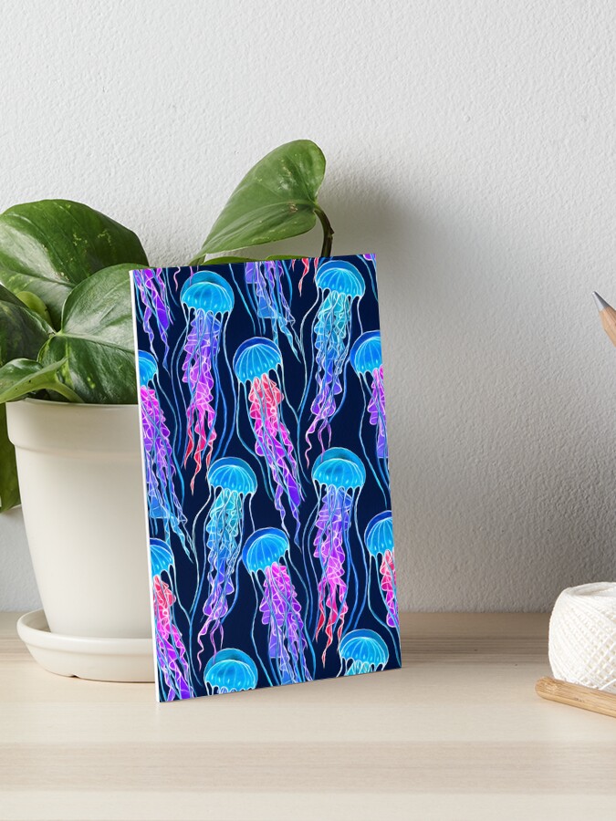 Thumbnail 1 of 2, Art Board Print, Luminescent Rainbow Jellyfish on Navy Blue designed and sold by micklyn.