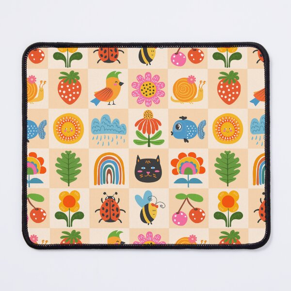 Item preview, Spring Summer colorful checks with cheerful blooms retro flowers cute bird bee strawberry sunshine fish rainbow cat cherry and  snail designed and sold by artgeige.