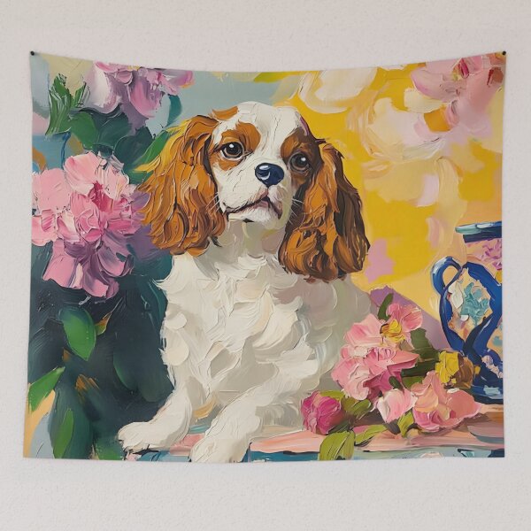 Item preview, Grandmillennial art, King Charles Spaniel in Italian landscape designed and sold by SophieClimaArt.