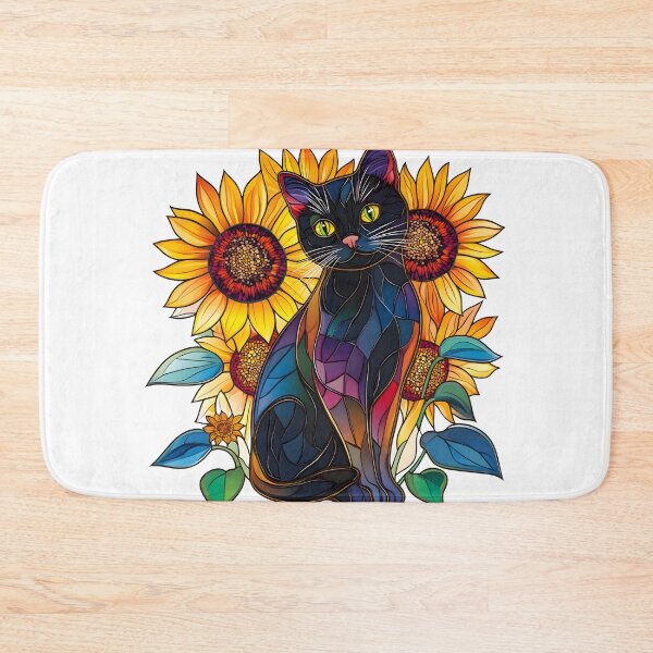 Item preview, Stained Glass Black Cat & Sunflowers  designed and sold by LOBO VALENTI.