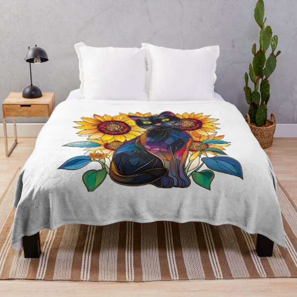 Item preview, Stained Glass Black Cat & Sunflowers designed and sold by LOBO VALENTI.