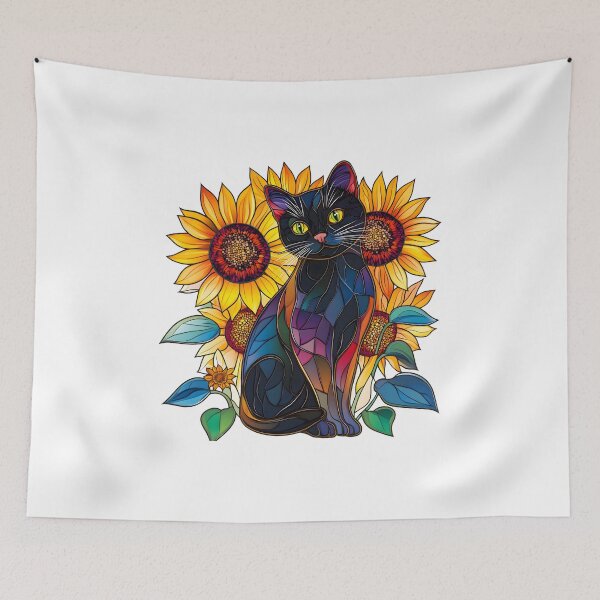 Item preview, Stained Glass Black Cat & Sunflowers  designed and sold by LOBO VALENTI.