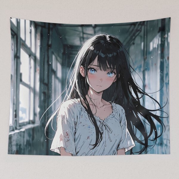 Item preview, Dark Aesthetic Anime Girl with Blue Eyes in Haunted Hallway designed and sold by Animepic222.
