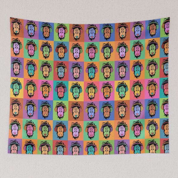 Item preview, pop art style fun grumpy sassy cheeky monkey colorful rainbow portraits in headphones pattern designed and sold by artgeige.