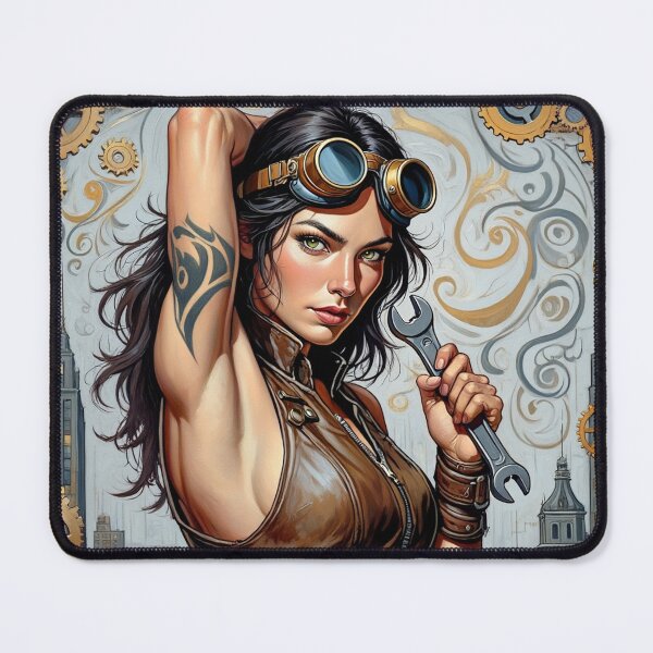 Item preview, Steampunk Girl with wrench wearing a leather vest on a detailed industrial background designed and sold by Vintage Designs +.
