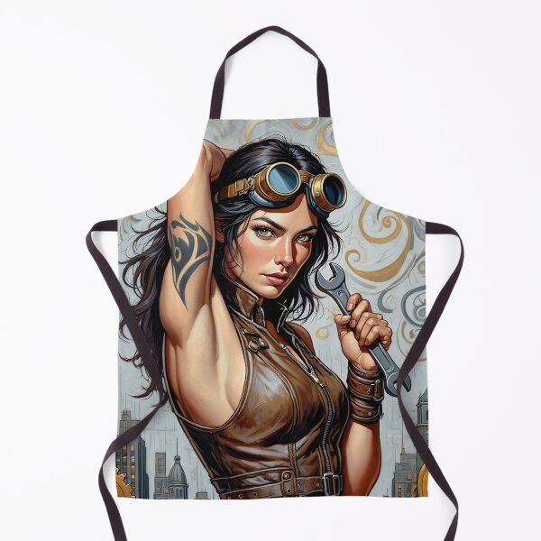 Item preview, Steampunk Girl with wrench wearing a leather vest on a detailed industrial background designed and sold by Vintage Designs +.