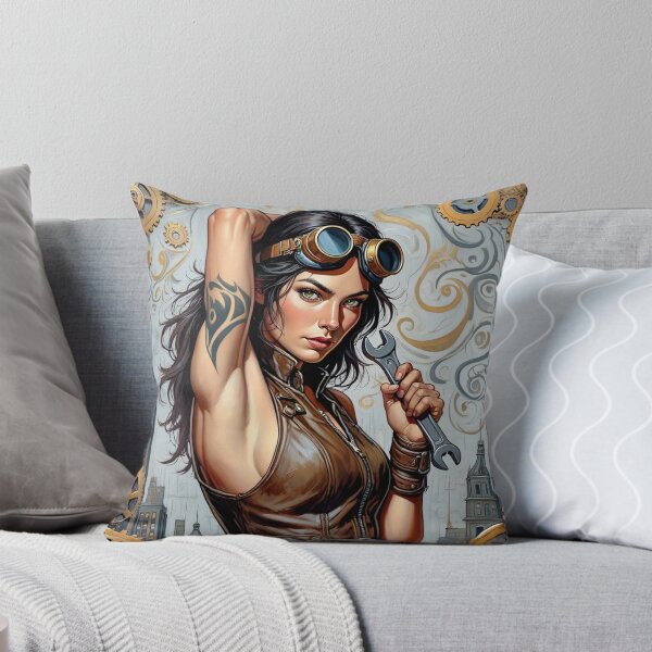 Item preview, Steampunk Girl with wrench wearing a leather vest on a detailed industrial background designed and sold by Vintage Designs +.