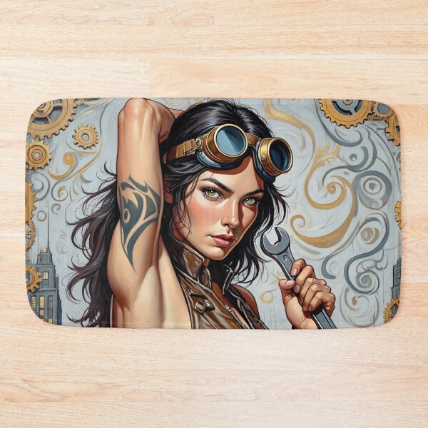 Item preview, Steampunk Girl with wrench wearing a leather vest on a detailed industrial background designed and sold by Vintage Designs +.