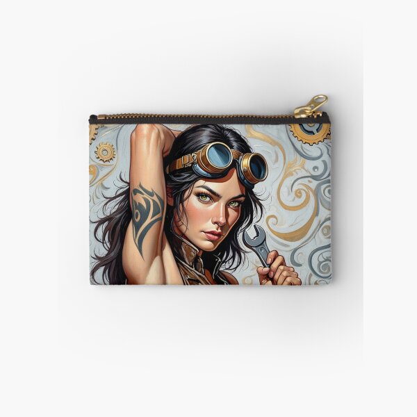 Item preview, Steampunk Girl with wrench wearing a leather vest on a detailed industrial background designed and sold by Vintage Designs +.