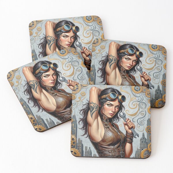 Item preview, Steampunk Girl with wrench wearing a leather vest on a detailed industrial background designed and sold by Vintage Designs +.
