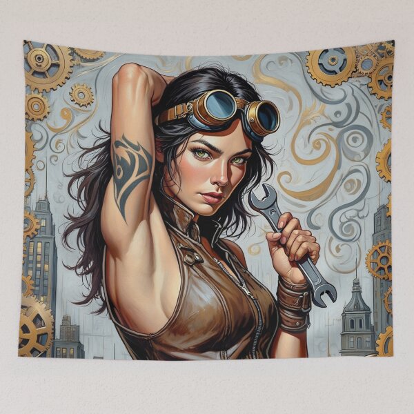Item preview, Steampunk Girl with wrench wearing a leather vest on a detailed industrial background designed and sold by Vintage Designs +.