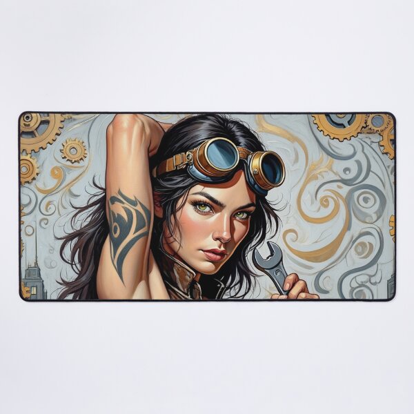 Item preview, Steampunk Girl with wrench wearing a leather vest on a detailed industrial background designed and sold by Vintage Designs +.