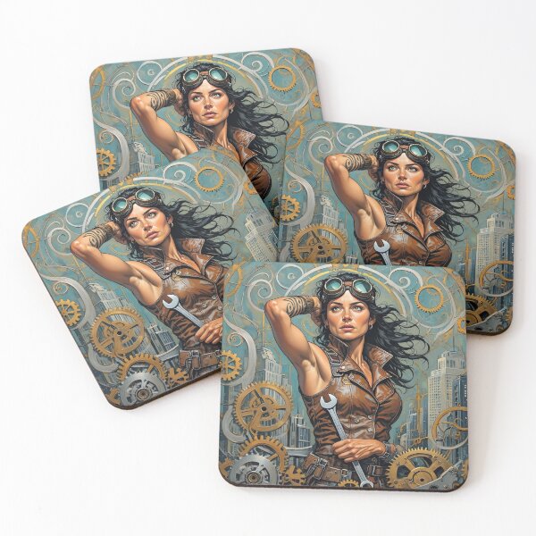 Item preview, Steampunk Girl with wrench wearing a leather vest on a detailed industrial background designed and sold by Vintage Designs +.