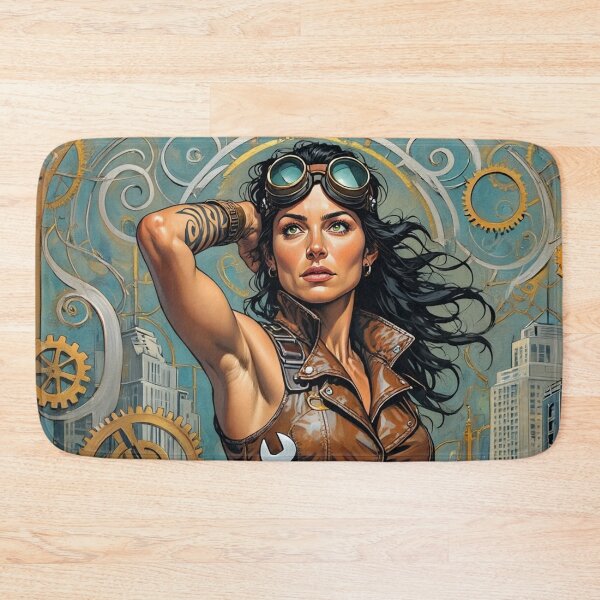 Item preview, Steampunk Girl with wrench wearing a leather vest on a detailed industrial background designed and sold by Vintage Designs +.