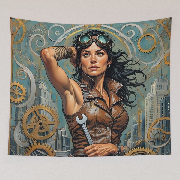 Item preview, Steampunk Girl with wrench wearing a leather vest on a detailed industrial background designed and sold by Vintage Designs +.