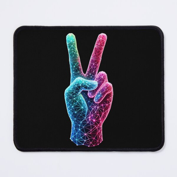 Aperçu de l'œuvre Cyber Grid Peace Hand – Wireframe numérique au néon créée et vendue par QuirkySpark.