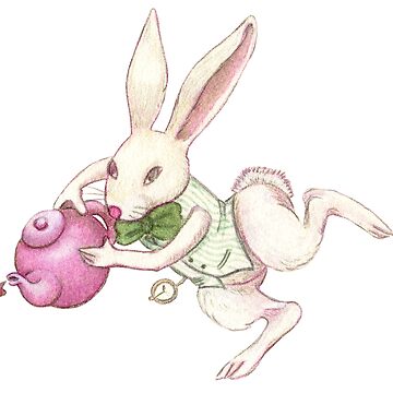 Artwork thumbnail, Cute, elegant white rabbit from Alice in Wonderland serving tea by Lucy Dreams