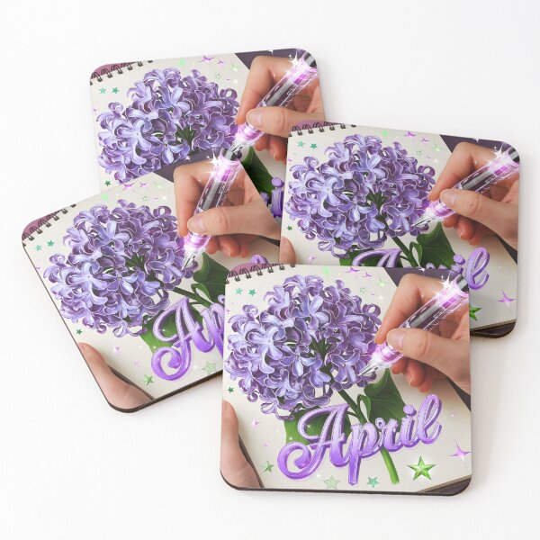 Item preview, April journal page with a delicate purple lilacs flower while a hand drawing it with a glowing pen designed and sold by EmeraldeaArt.
