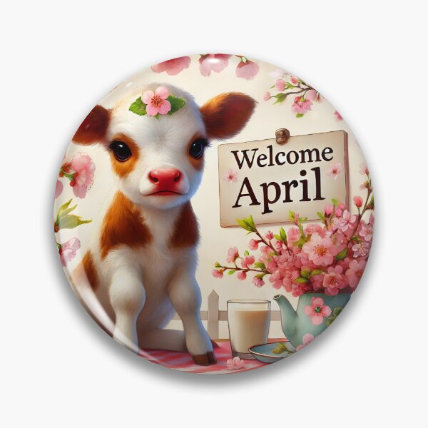 Item preview, welcome April hello April table spring sakura cherry tree blooms settings pink blooming branches with a cute floral calf calendar month art designed and sold by EmeraldeaArt.