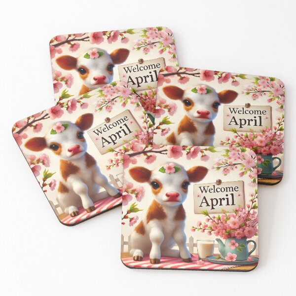 Item preview, welcome April hello April table spring sakura cherry tree blooms settings pink blooming branches with a cute floral calf calendar month art designed and sold by EmeraldeaArt.
