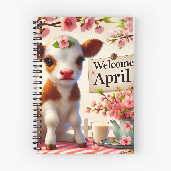 Item preview, welcome April hello April table spring sakura cherry tree blooms settings pink blooming branches with a cute floral calf calendar month art designed and sold by EmeraldeaArt.