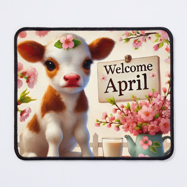 Item preview, welcome April hello April table spring sakura cherry tree blooms settings pink blooming branches with a cute floral calf calendar month art designed and sold by EmeraldeaArt.