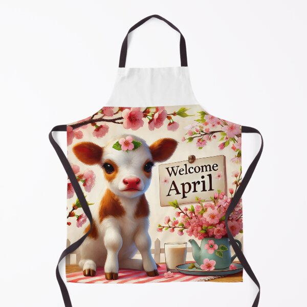 Item preview, welcome April hello April table spring sakura cherry tree blooms settings pink blooming branches with a cute floral calf calendar month art designed and sold by EmeraldeaArt.