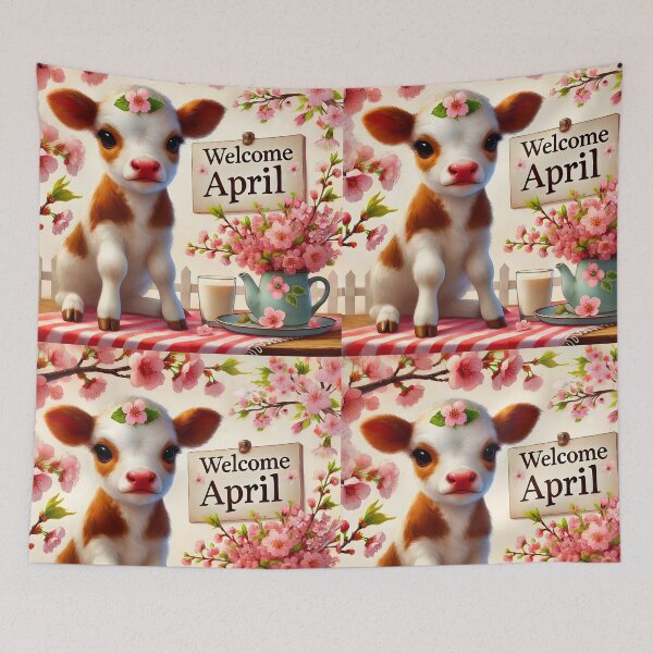 Item preview, welcome April hello April table spring sakura cherry tree blooms settings pink blooming branches with a cute floral calf calendar month art designed and sold by EmeraldeaArt.