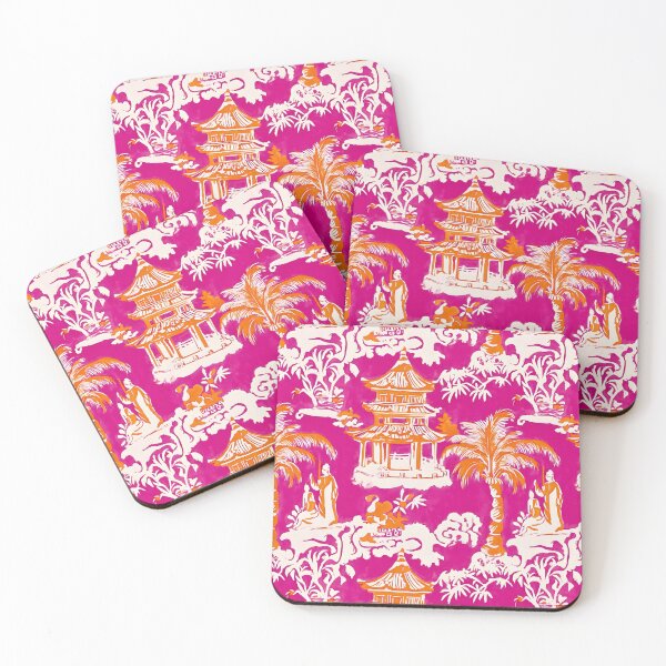 Item preview, Preppy hot pink and orange chinoiserie pagoda garden  designed and sold by SophieClimaArt.