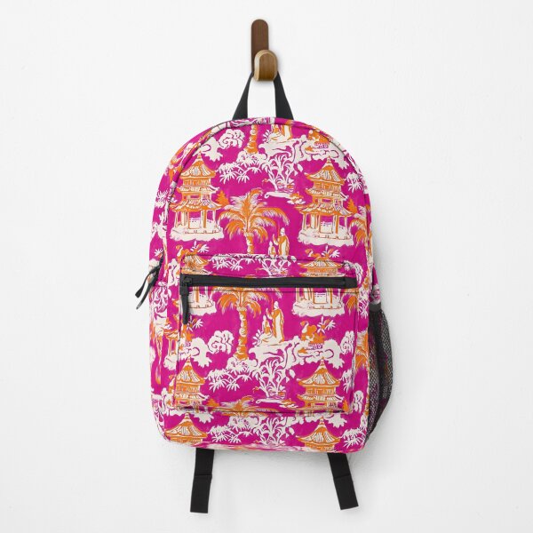 Item preview, Preppy hot pink and orange chinoiserie pagoda garden designed and sold by SophieClimaArt.