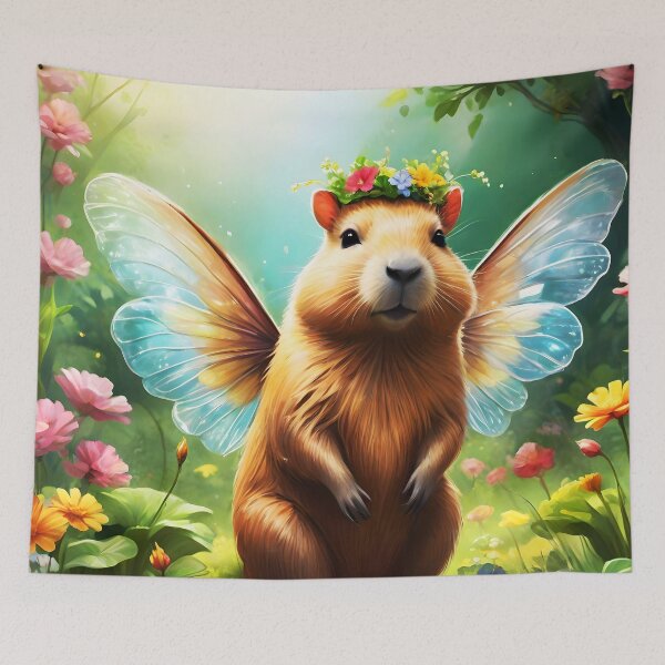 Item preview, Cute Floral head decorated capybara with wings - capy fae, capbyra fairy on a floral meadow designed and sold by EmeraldeaArt.
