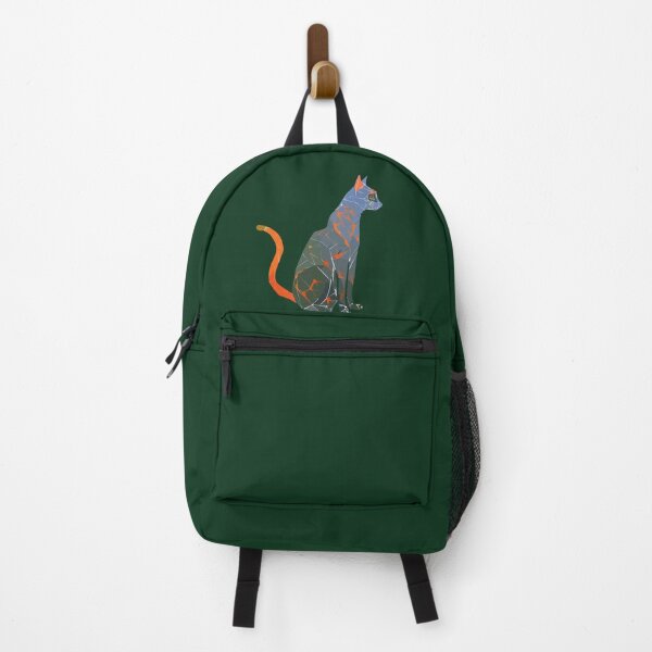 Item preview, blue and green cat with orange tail on dark green background designed and sold by Dina Akselrod.