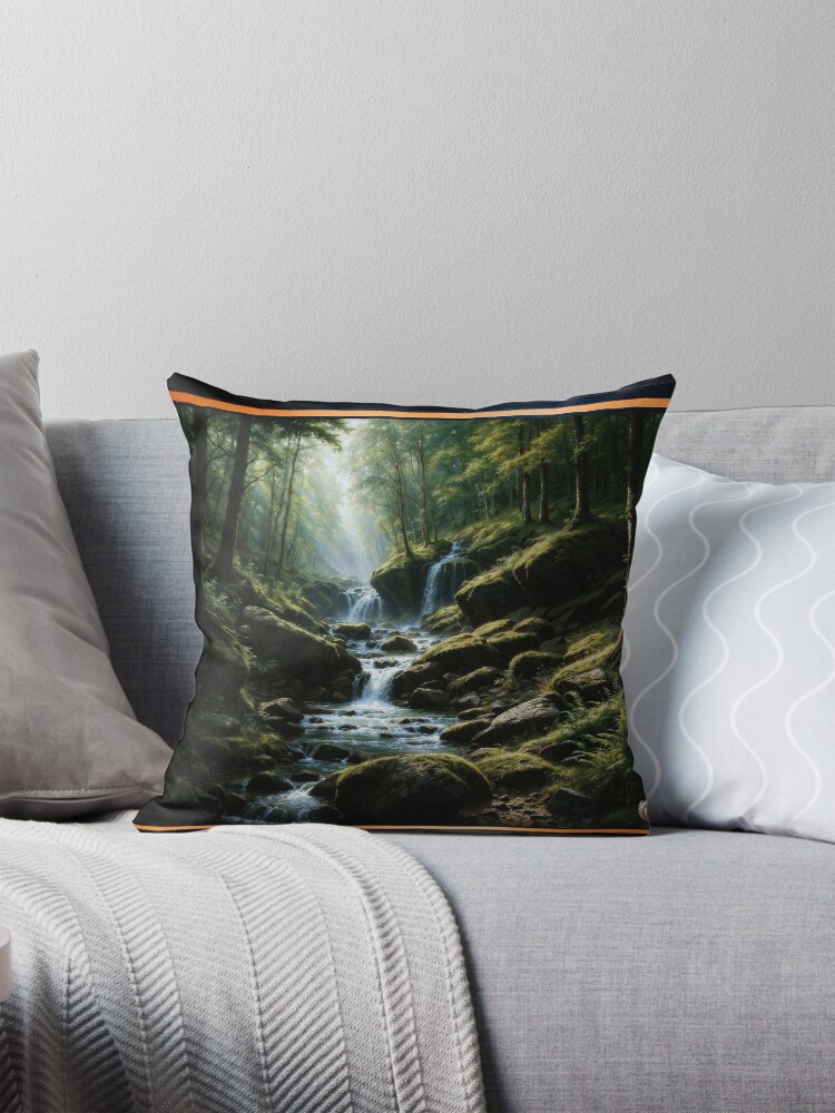 Tranquil Forest Stream with Cascading Waterfalls Enchanting AI Concept Art by Xzendor7 Decorative Art Print Throw Pillow