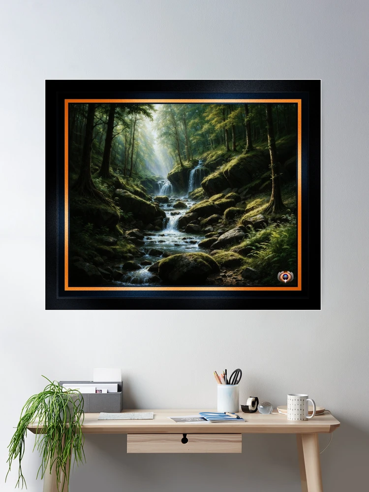 Tranquil Forest Stream with Cascading Waterfalls Enchanting AI Concept Art by Xzendor7 Wall Decor Poster Art Print