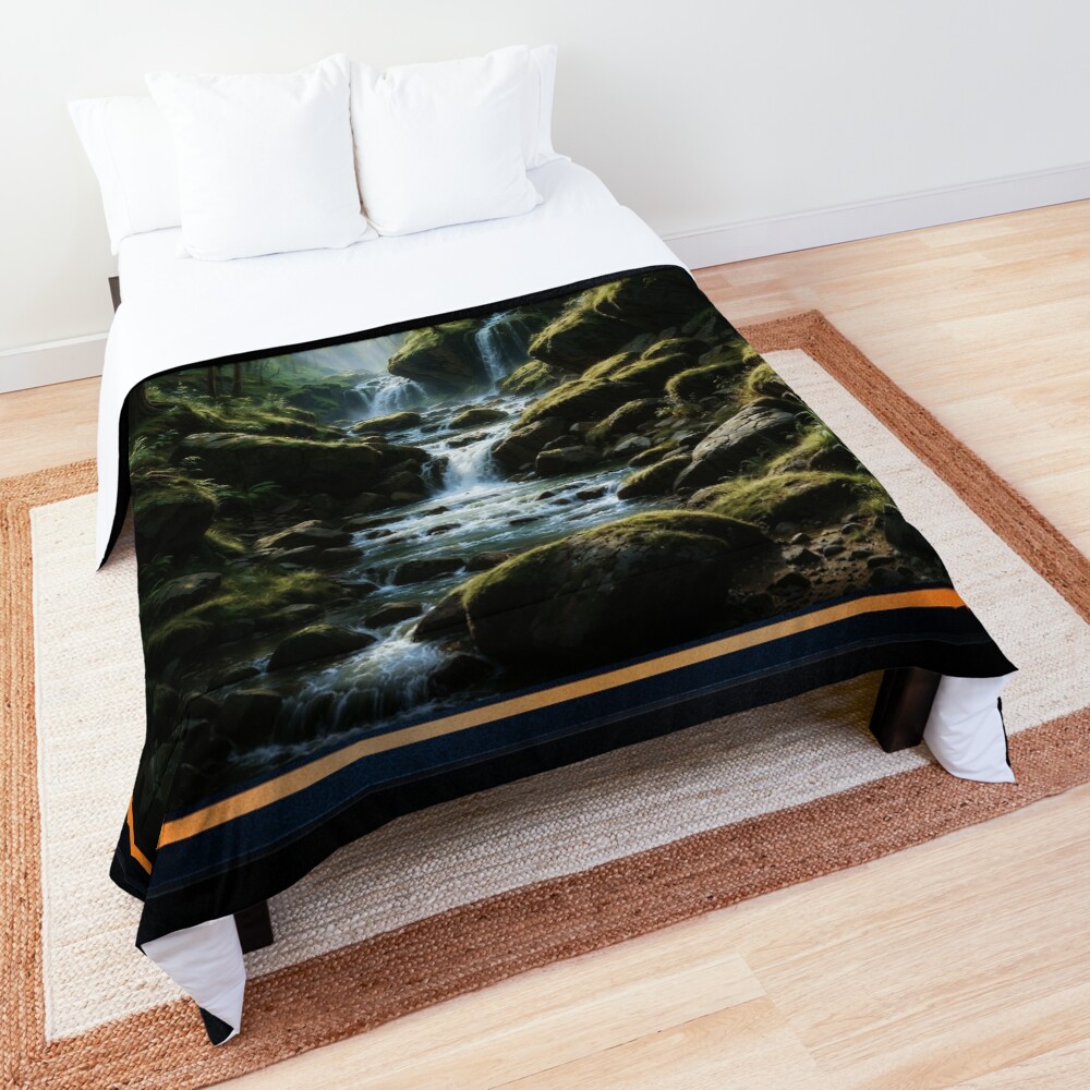 Tranquil Forest Stream with Cascading Waterfalls Enchanting AI Concept Art by Xzendor7 Decorative Art Print Comforter