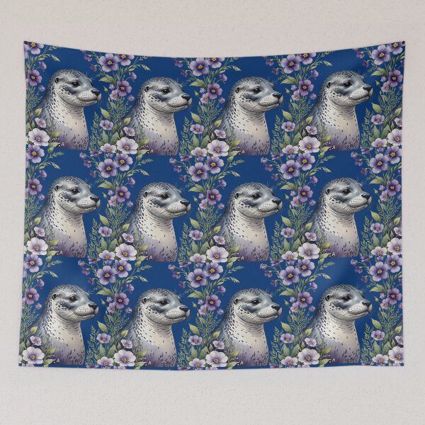 Item preview, Coastal Mammal Harbor Seal Surrounded By Viola Flowers designed and sold by taiche.