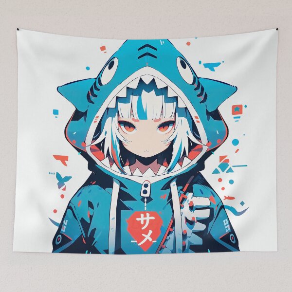 Item preview, anime girl character wearing a blue shark hoodie designed and sold by Hirako Nakatsu.