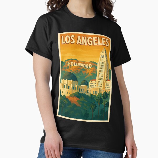 Item preview, Vintage Los Angeles Travel Poster – Hollywood, Griffith Observatory & City Hall designed and sold by Retro Travel Design.