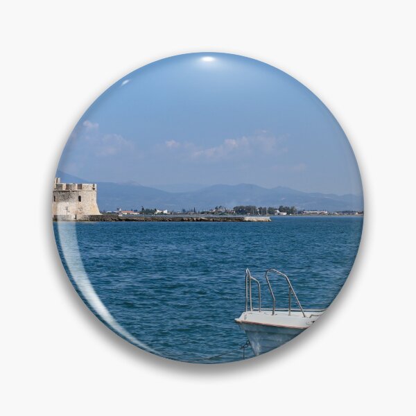 Item preview, Small boat and Bourtzi fortress in Nafplio, Peloponnese, Greece,seascape designed and sold by goceris.