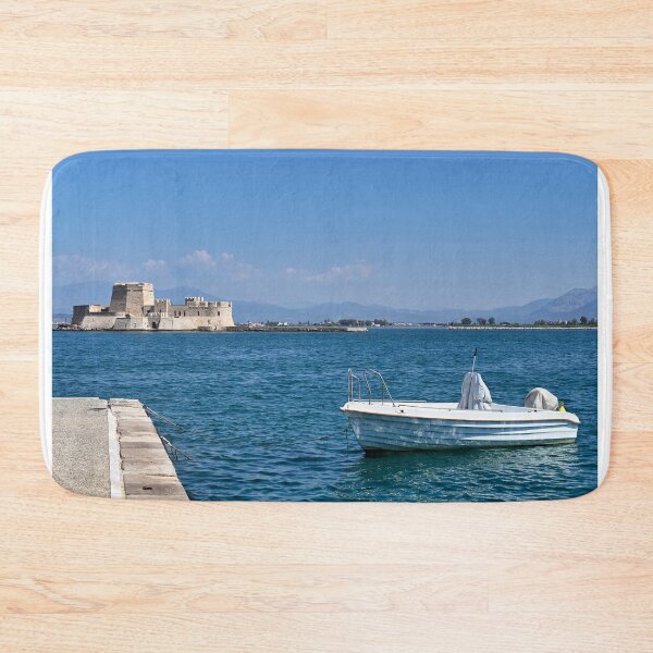 Item preview, Small boat and Bourtzi fortress in Nafplio, Peloponnese, Greece,seascape designed and sold by goceris.