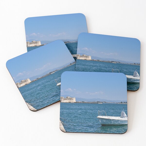 Item preview, Small boat and Bourtzi fortress in Nafplio, Peloponnese, Greece,seascape designed and sold by goceris.