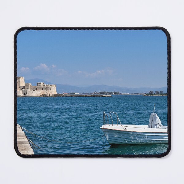 Item preview, Small boat and Bourtzi fortress in Nafplio, Peloponnese, Greece,seascape designed and sold by goceris.