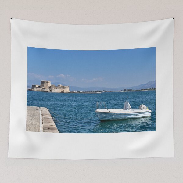 Item preview, Small boat and Bourtzi fortress in Nafplio, Peloponnese, Greece,seascape designed and sold by goceris.