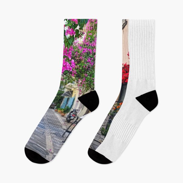 Item preview, Old houses in the narrow streets of Nafplion town with Bougainvillea flowers,summer season designed and sold by goceris.