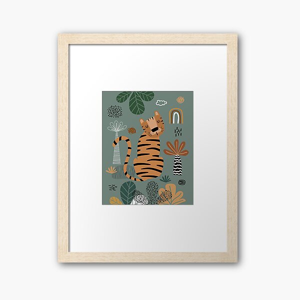 Aperçu de l'œuvre Impression tigre, décoration murale pour chambre d'enfant, imprimés safari, décoration vert sauge, illustrations animalières par Synplus créée et vendue par synplus.