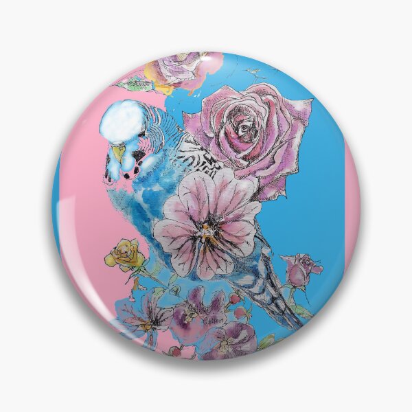 Item preview, Blue Budgie and Rose Watercolor Painting on Blue and Pink designed and sold by Sarah  Rajkotwala.